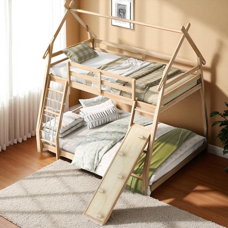 Twin over Queen House Bunk Bed with Climbing Nets, Ramp, Guardrails & Solid Pine Wood Frame