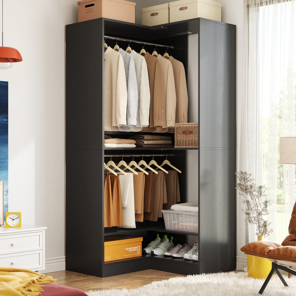 Qvella 31.5'' W Corner Closet System with Hanging Rods and Shelves,Corner Wardrobe Closet Organizer for Walk-in/Reach-in Closet