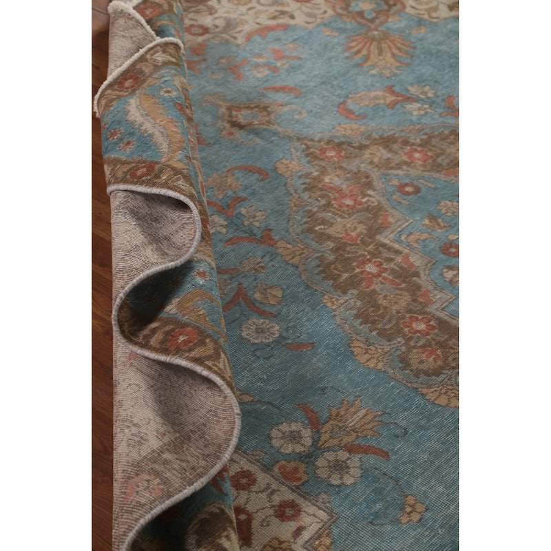 Distressed Over-Dyed Tabriz Persian Rug Antique Blue Wool Carpet - 9'5"x 11'10"