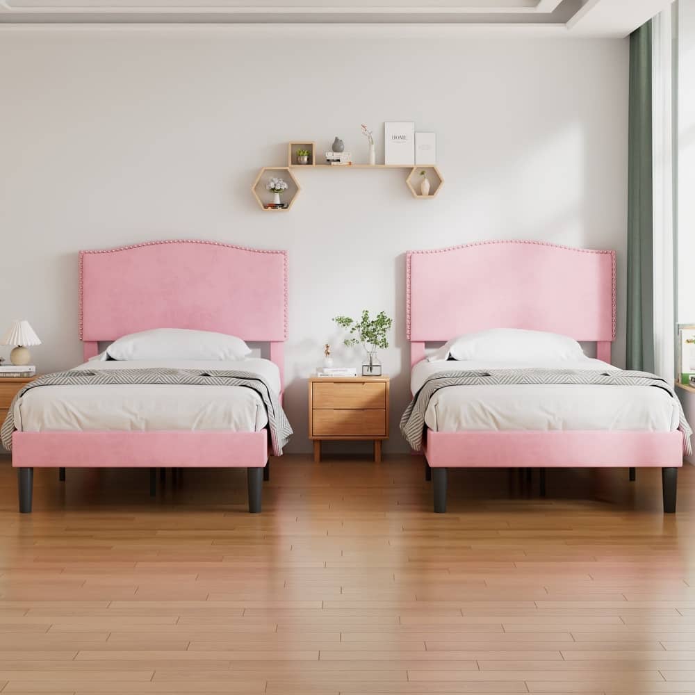 VCCELO 2-Pack Twin Size Bed Frame with Adjustable Headboard Noise-Free Twin Size Bed Set of 2 for Kids Room Dorm Apartments