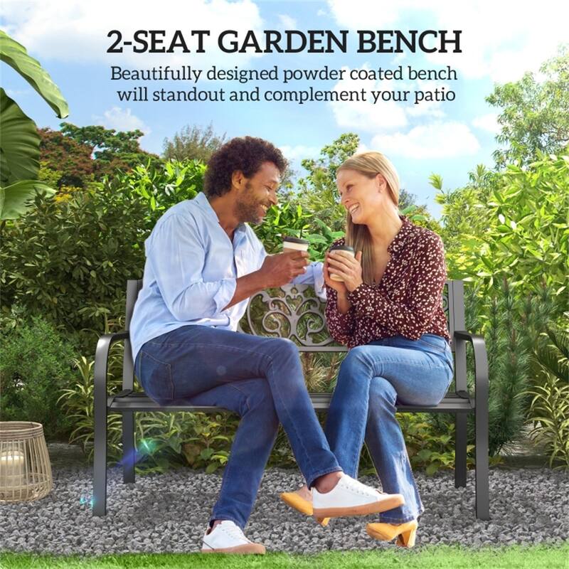 Outdoor Steel Garden Bench with Floral Backrest Two Seat Patio Seat for Yard Porch and Garden - 50" L x 23.5" W x 34.25" H