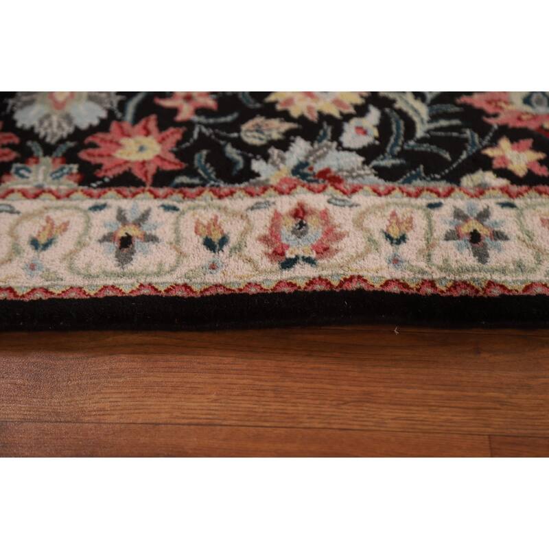 Hand Knotted Oriental 100% Wool Carpet Traditional Floral Black Kashan Runner Rug - 7' 8'' X 2' 6''