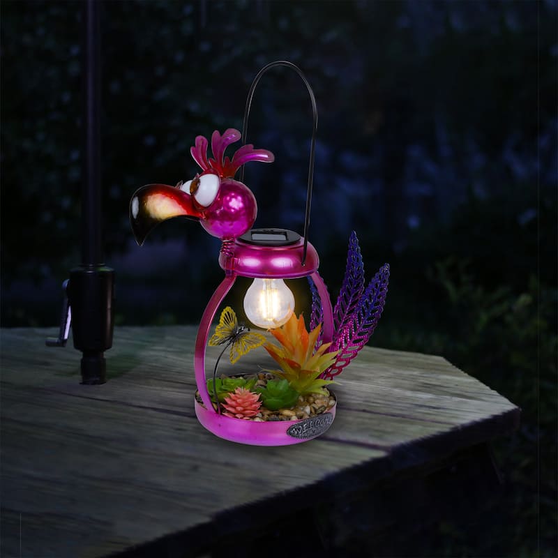 Solar Metal Silly Pink Flamingo with LED Light Decor