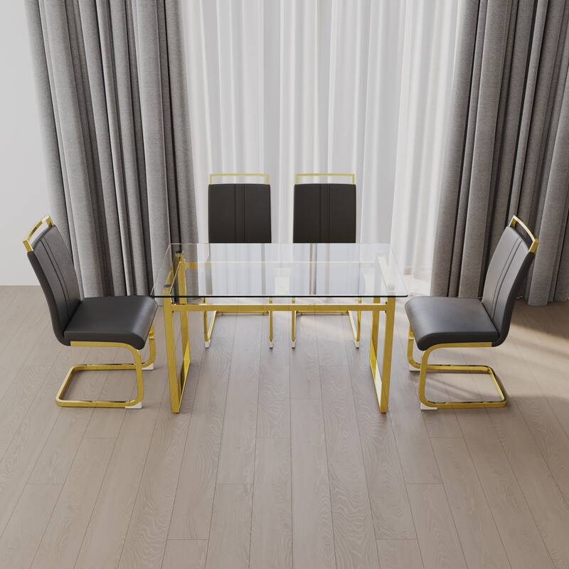 5-Piece Glass Dining Table Set with Gold Metal Legs and 4 PU Upholstered Chairs - Grey