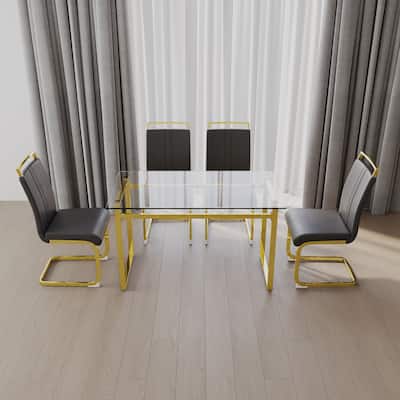 5-Piece Glass Dining Table Set with Gold Metal Legs and 4 PU Upholstered Chairs