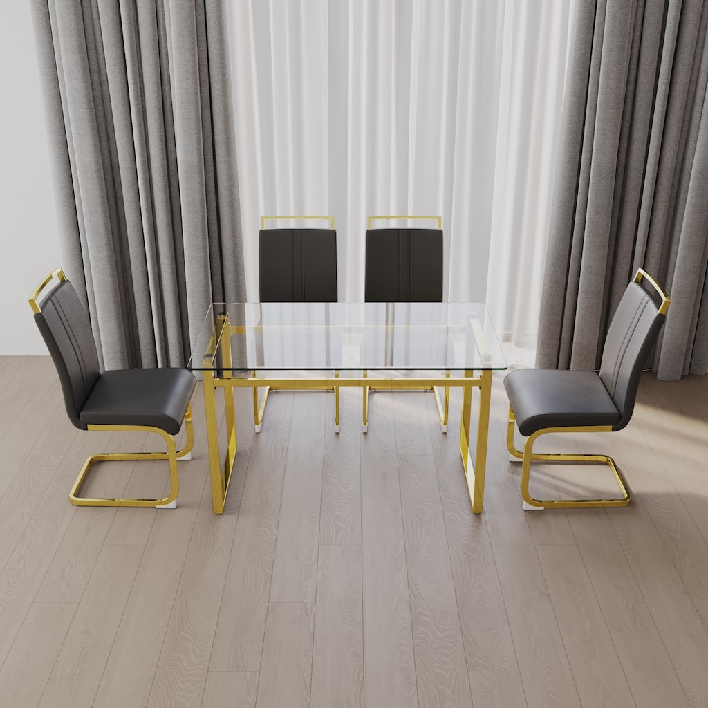 Modern 5-Piece Dining Set with Rectangular Glass Table & High Back Gold-Plated Legs Dining Armless Chairs