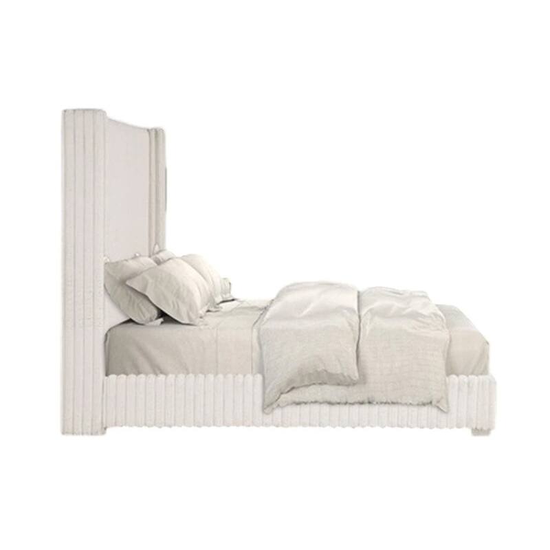 Wolo Full Bed, White Fur Chenille Ribbed Upholstery, Wing Headboard