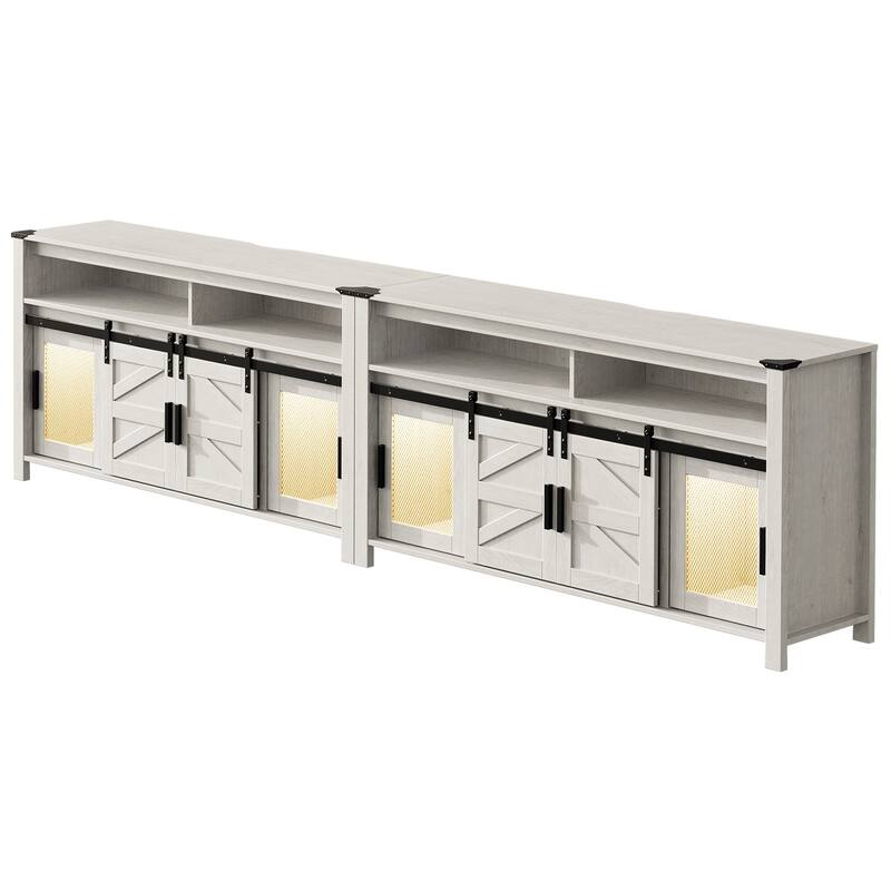 LED Farmhouse Entertainment Center with Mesh and Barn Doors, 31" H - 118" - Antique White & Yellow LED Lights