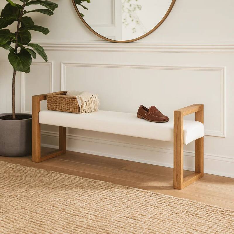 Rux 68 Inch Dining Bench, White Fabric Upholstery, Sled Legs, Brown Wood