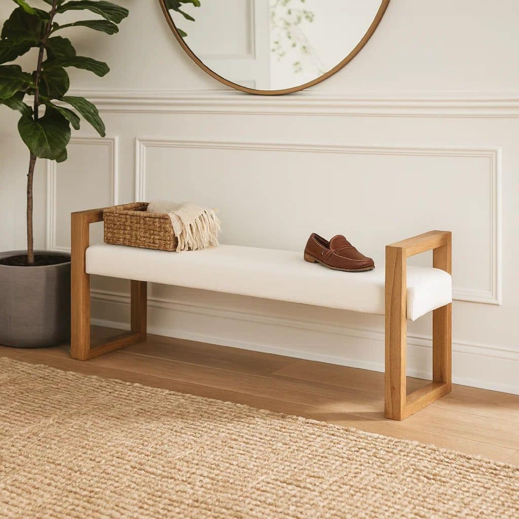 Rux 68 Inch Dining Bench, White Fabric Upholstery, Sled Legs, Brown Wood