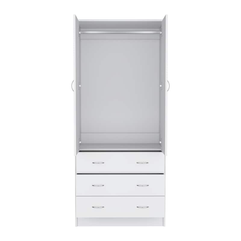 19" Modern Double-door Armoire with 3 Drawers and 1 Hanging Rod for Bedroom
