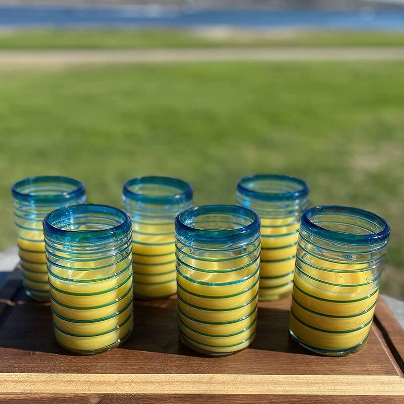 Dos Sueños Hand Blown Mexican Drinking Glasses - Set of 6 Glasses with an Aqua Spiral Design (14 oz each)