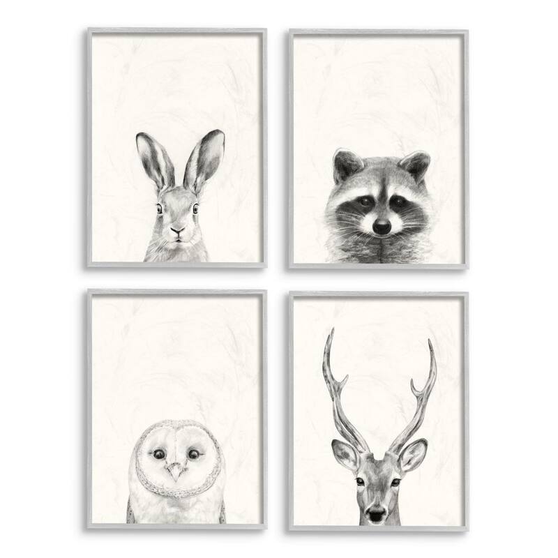 Stupell Woodland Animals Portrait Grey Drawing Design 4pc Multi Piece Framed Wall Art Set
