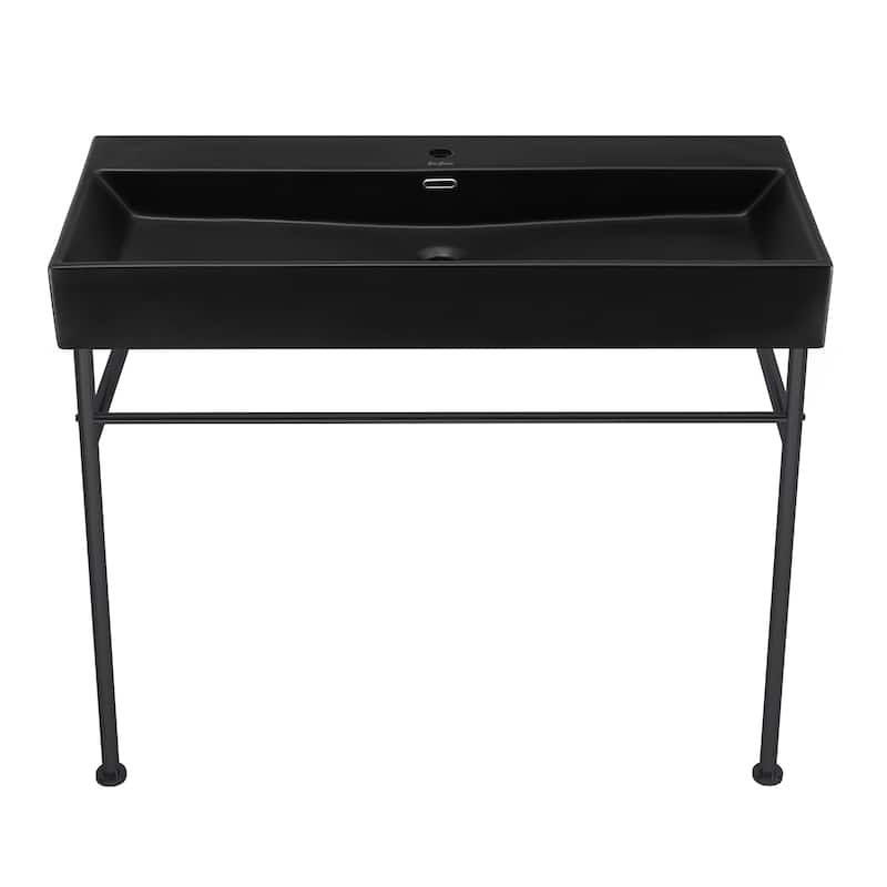 Reims 40 Ceramic Console Sink Matte Black Basin Black Legs - 39.35" x 16.55" 35.45"