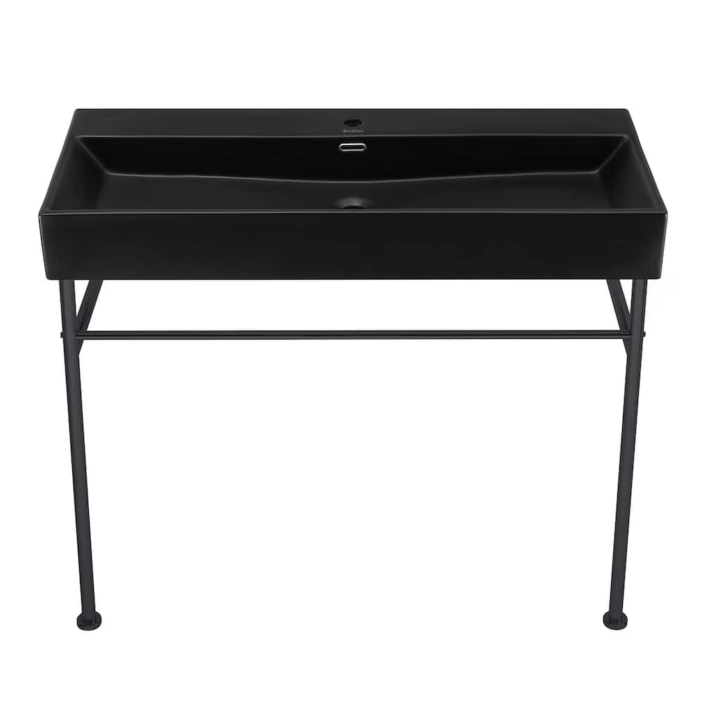 Reims 40 Ceramic Console Sink Matte Black Basin Black Legs - 39.35" x 16.55" 35.45"