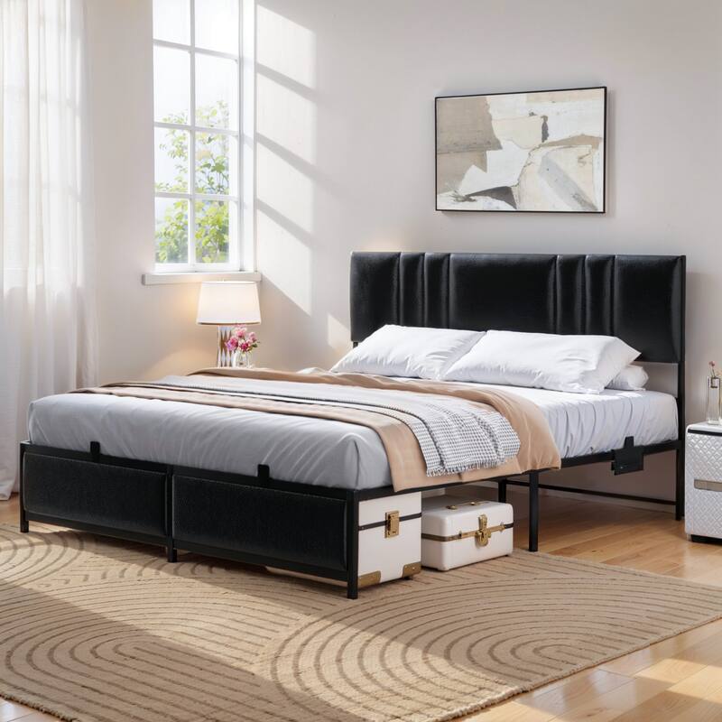 Platform Bed Frame with Ajustable Upholstered Headboard, Bed with USB Port and Charge Station
