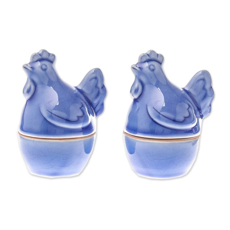 Handmade Hen Breakfast Ceramic Egg Cups (Pair) Thailand - 4.1" H x 3" W x 2.6" D