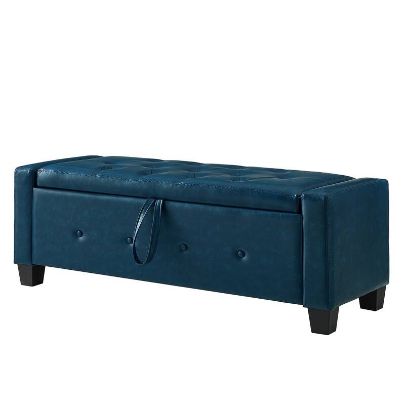 Bedroom End of Bed Bench Storage Bench with Wood Legs, Leather Bench Upholstered Bench Blue Dining Bench
