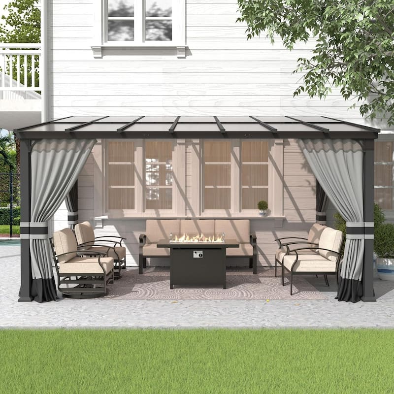 Wall Mounted Gazebo, Hardtop Permanent Outdoor Shade Canopy with Curtains for Deck, Backyard, Patio