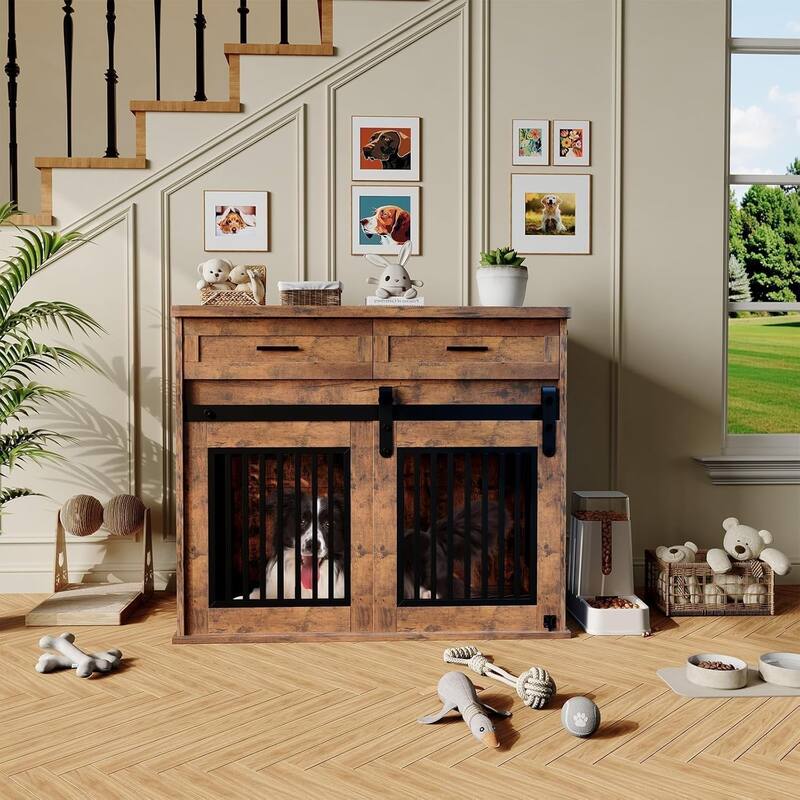 Dog Crate Furniture with Barn Door, Indoor Kennel Table with Storage - N/A - Brown