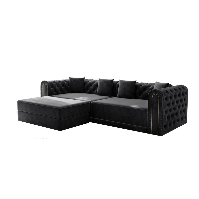 90.6" Velvet Pull Out Sofa Bed, 3-in-1 Convertible Sleeper Sofa with Movable Ottoman, Modern Button Tufted Chesterfield Sofa