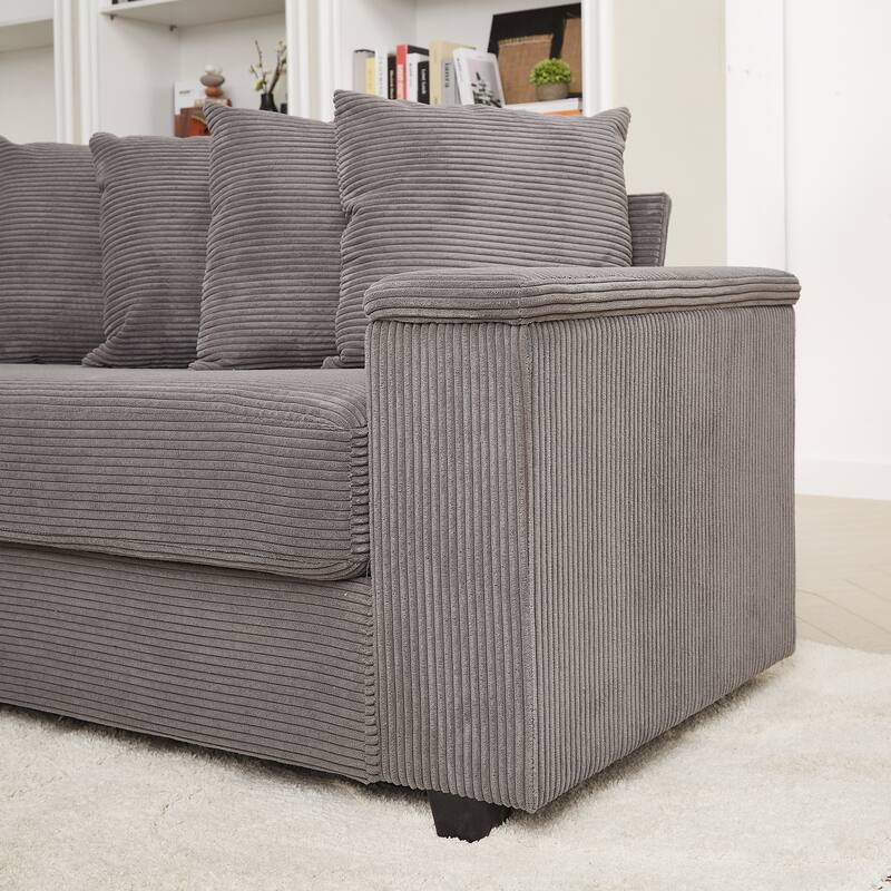 104" Corduroy L-Shaped Sectional Sofa with Ottoman Included, 8 Pillows and Armrest Storage