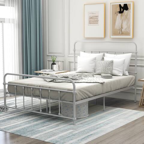 Victorian Full Size Metal Platform Bed with Headboard and Footboard, Silver