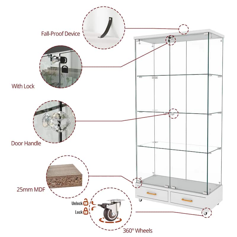 65.9" Modern Glass Display Cabinet with LED Lights, 2 Lockable Drawers & 4 Shelves, Curio Storage Case