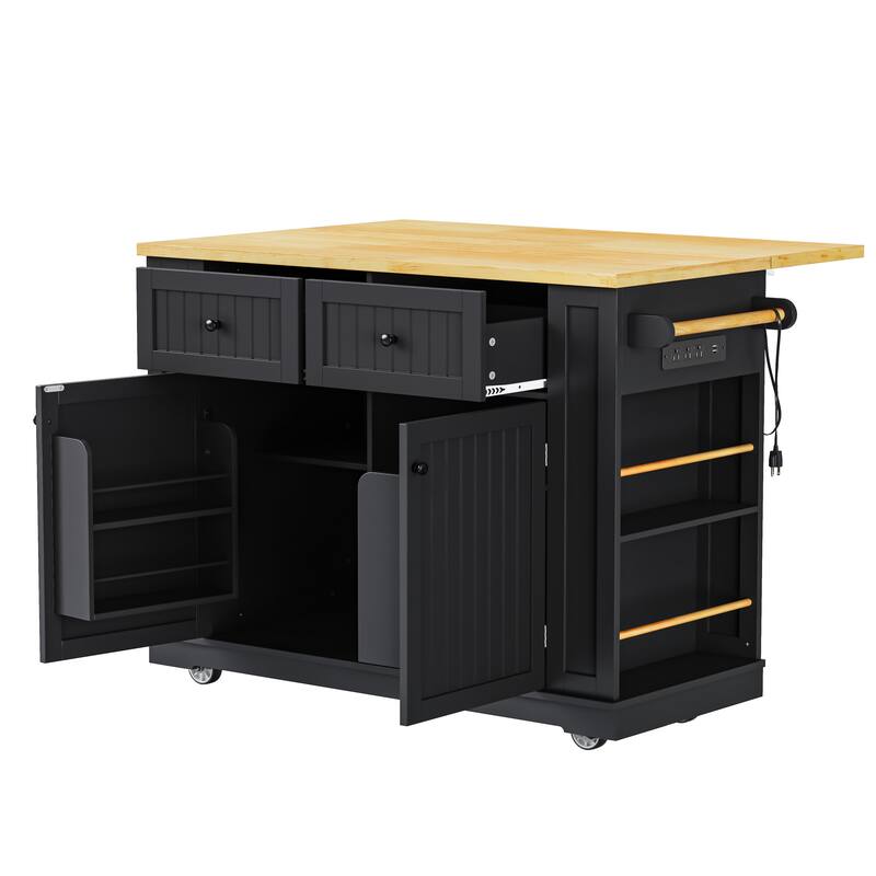 Anmytek 48" Kitchen Island Cart with Drop Leaf, Power Outlet, and Rolling Storage, Black