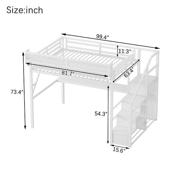 dimension image slide 2 of 4, High Loft Bed Metal Bed Frame with Stairs Built-in Shelves and Wardrobe, Side Grid Rack, Light, Charging Station and Desk