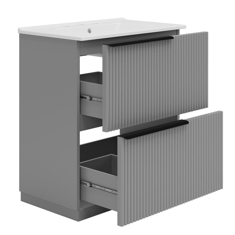 Vertical Grooves Bathroom Cabinet Storage Vanity with Ceramic Sink, Full-Extension Split Drawers and Soft Close Drawer Slides