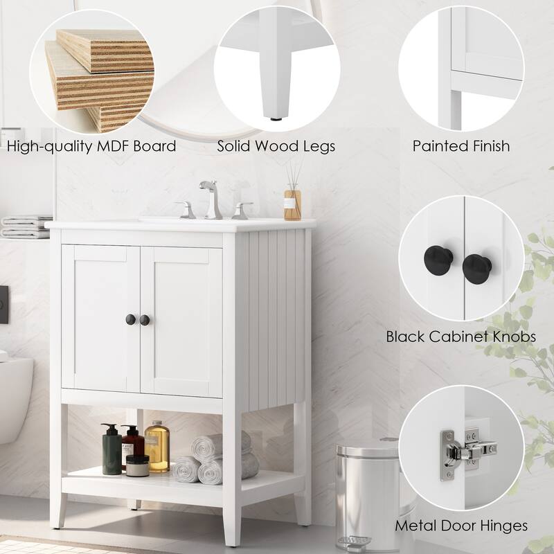 24" Freestanding Bathroom Vanity with Semilune Ceramic Sink, Solid Pine Wood Frame & Open Bottom Shelf