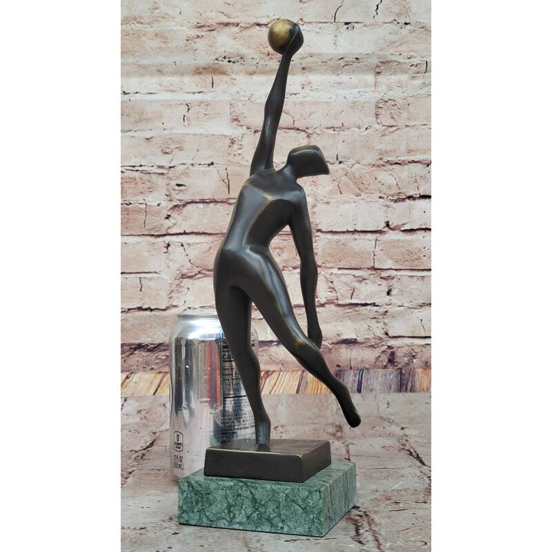 Modern Abstract Bronze Sculpture – Volleyball Athletic Figure With Ball On Marble Base