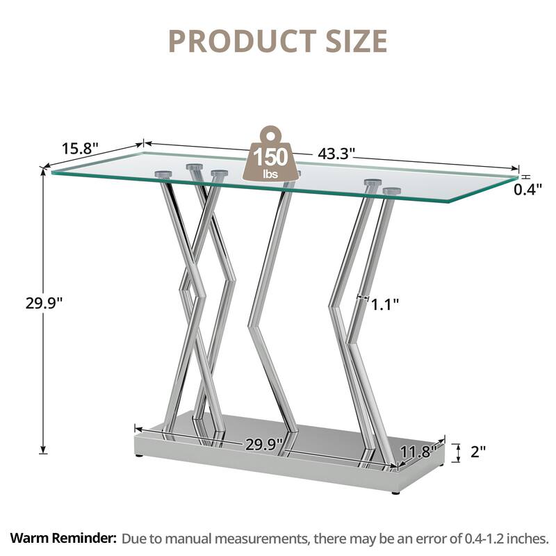 Tempered Glass Top Console Table, Entryway Sofa Table with Metal Base - 43.3"L x 15.8"W x 29.9"H