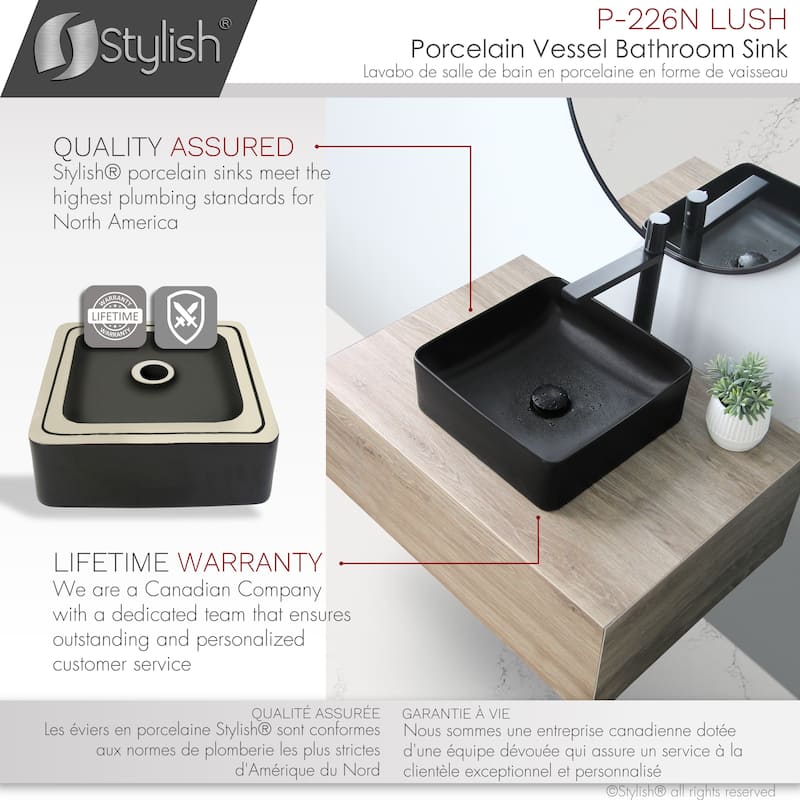 STYLISH 14 1/2 inch Square Porcelain Bathroom Sink - 14 1/2" x 14 1/2" x 5"