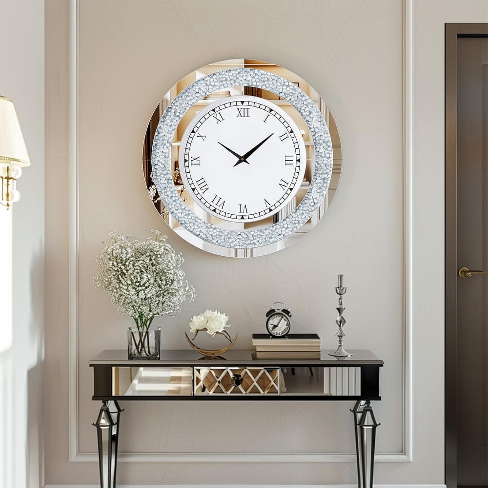 Glam Crush Diamond Inlay Round Wall Clock Decorative Mirror Clock