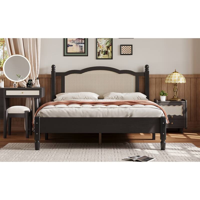 Queen Size Vintage Wooden Bed with Rattan Headboard & Slat Support