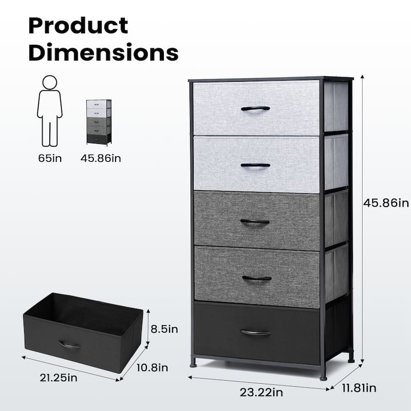 Pellebant Fabric Vertical Dresser Storage Chest Tower with 5 Drawers