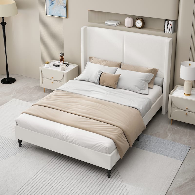 Bed Frame With 55.5" High Back Upholstered Headboard - 12 Slat Support, Thickened Side Panels,No Box Spring Needed