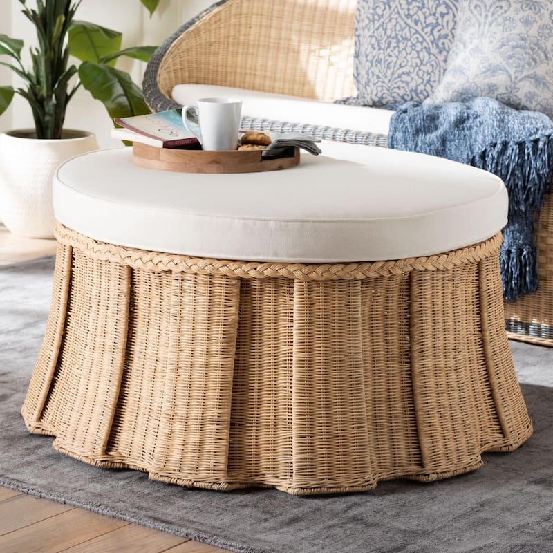 Ying Round Natural Rattan Ottoman with Cushion - Handwoven Wicker Pleated Skirt Accent Coffee Table or Extra Seating