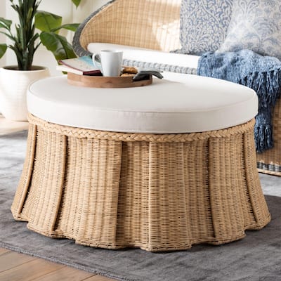 Ying Round Natural Rattan Ottoman with Cushion - Handwoven Wicker Pleated Skirt Accent Coffee Table or Extra Seating