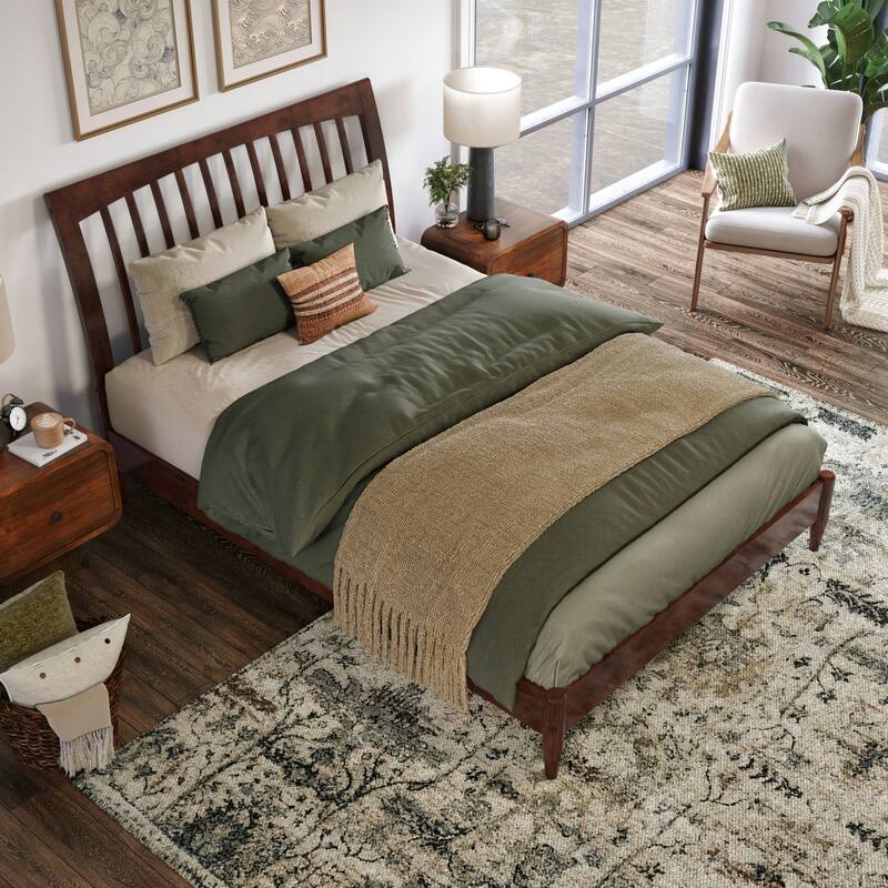 Solid Wood Platform Bed - Low Profile Sleigh Bed Frame - Full Size Bed - Walnut Finish