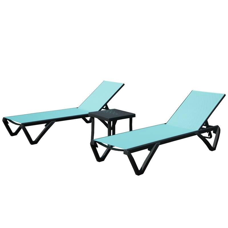 Outdoor Chaise Lounge Chair Set Adjustable Aluminum Frame with Side Table - Lake Blue (2 Chairs+1 Table)