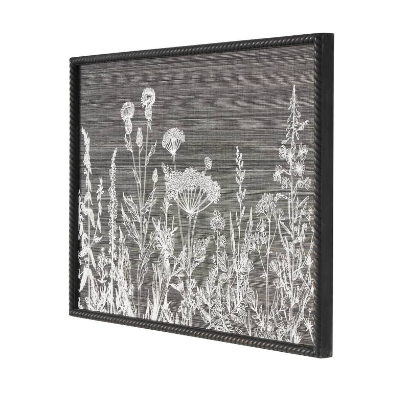 Black Wood Relief Floral Home Wall Decor with Gray Textured Backing and Black Twisted Frame