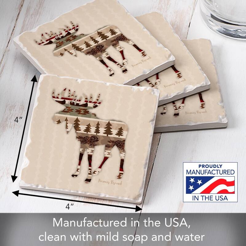 Patterned Moose 4-Pack Absorbent Stone Tumbled Tile Coasters with Protective Cork Backing 4" in The USA Easily Wipes Clean