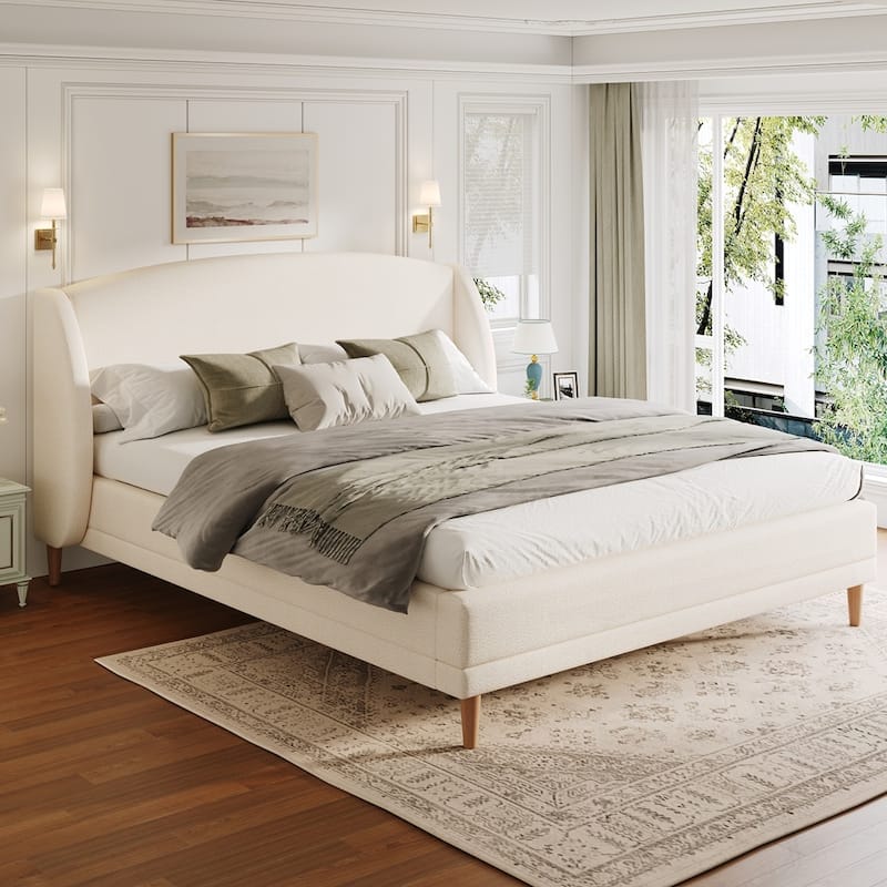 Upholstered Platform Bed Boucle Fabric and Wingback Headboard - King
