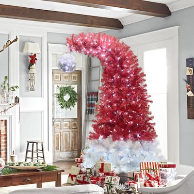 6FT Hinged Fir Artificial Fir Bent Top Christmas Tree, Bendable Santa Hat Style ,1250 Lush Branch Tips, 300 LED Lights X-mas