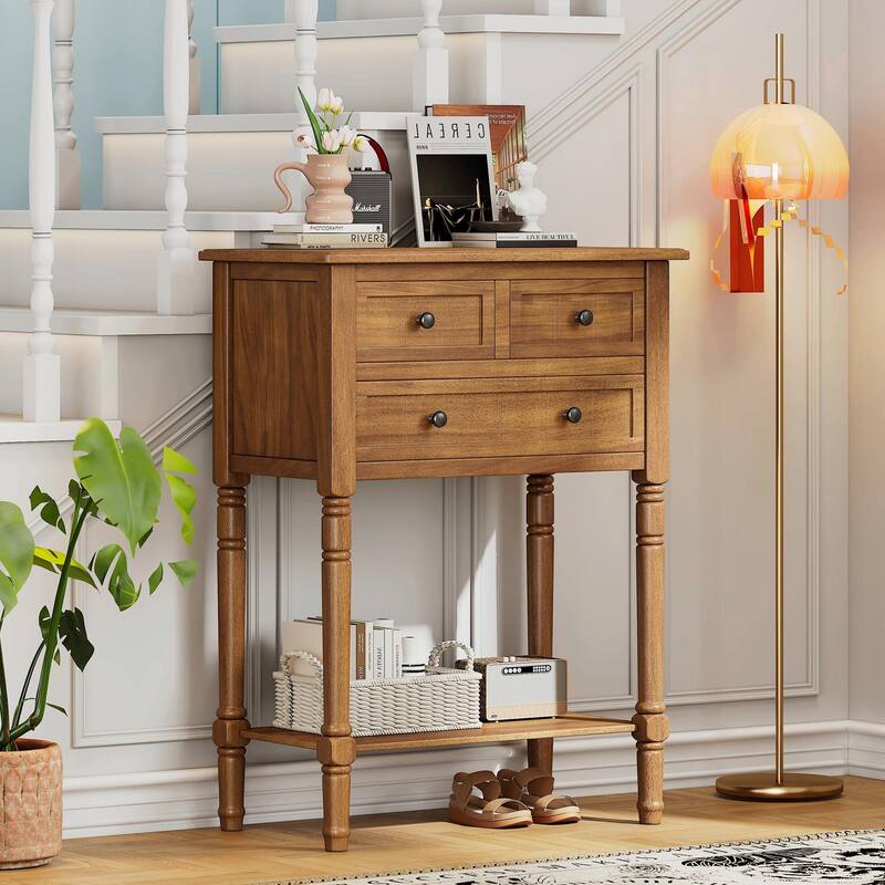 Narrow Console Table with 3 Drawers and Bottom Shelf - Natural