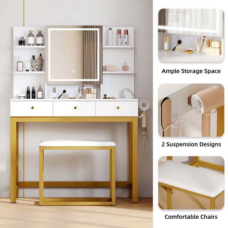 Moasis 3 Drawers Vanity Desk with Mirror Lights and Hidden Storage Shelves
