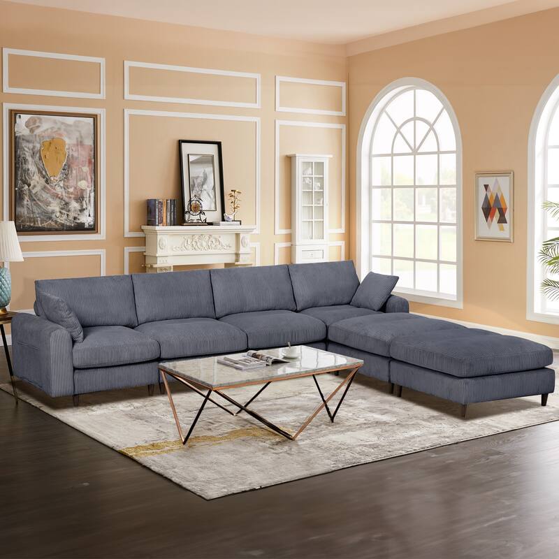 U-Shaped Modular Sectional Sofa with Ottoman, Oversized Corduroy Convertible Sofa, 6 Seater Sofa with Pillow & Storage Pockets - Grey